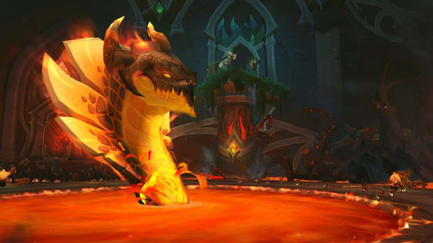 The serpent Volcoross in Amirdrassill, the Dream's Hope Raid in World of Warcraft: Dragonflight.